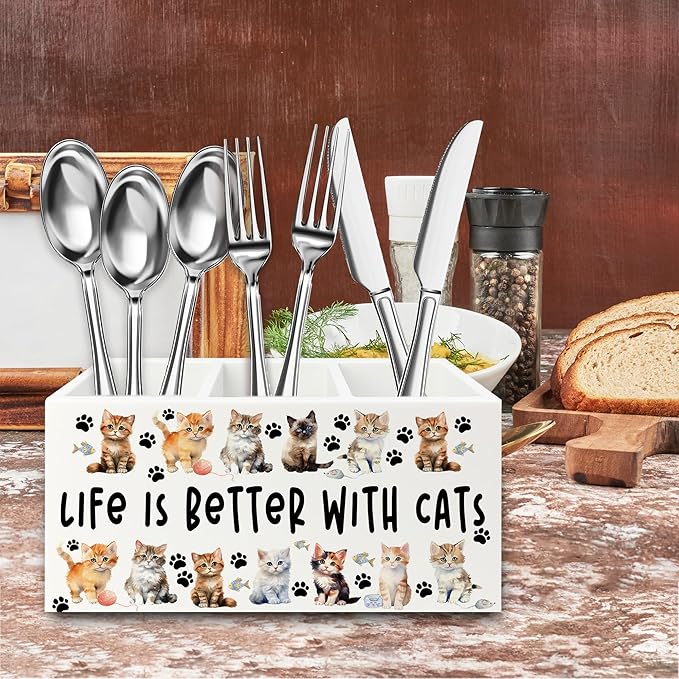 Cat Pen Pencil Holder Organizer for Desk, Cat Lovers Mom Lady Gifts for Women, Life Is Better with Cats Wooden Box Signs Decorations for Home Office Desk Tabletop, Gifts for Pet Lovers