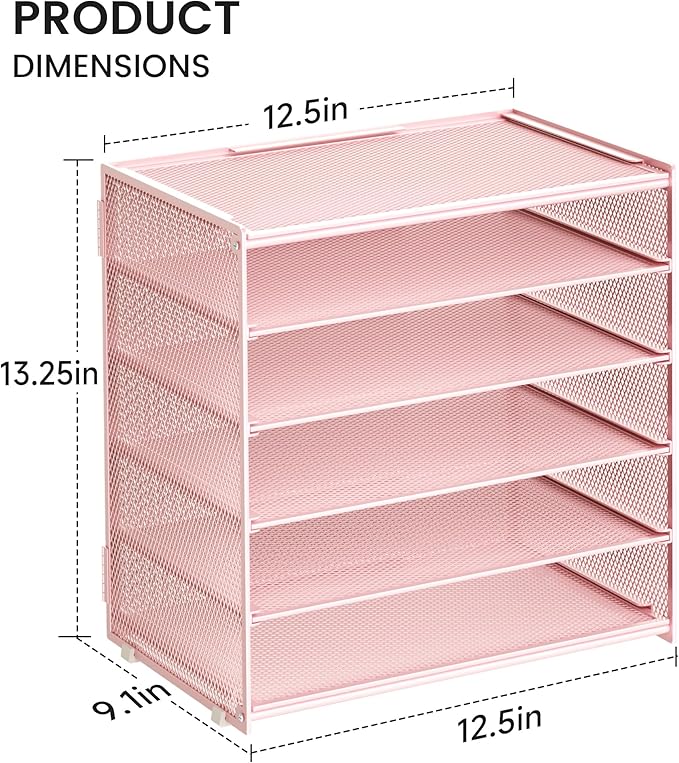 2 Pack 6 Tier Paper Organizer, Metal Mesh Desk File Folder, Letter Tray Organizer, Paper Sorter Desk Organizers for Office, Home or School File Folder Holder - Pink (Pink-2pack)