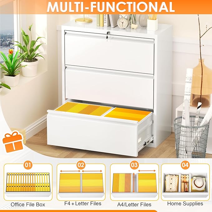 INTERGREAT 3 Drawer Lateral File Cabinet with Lock, 28" W White Lateral Filing Cabinet for Legal/Letter A4 Size, Locking File Cabinet for Home Office