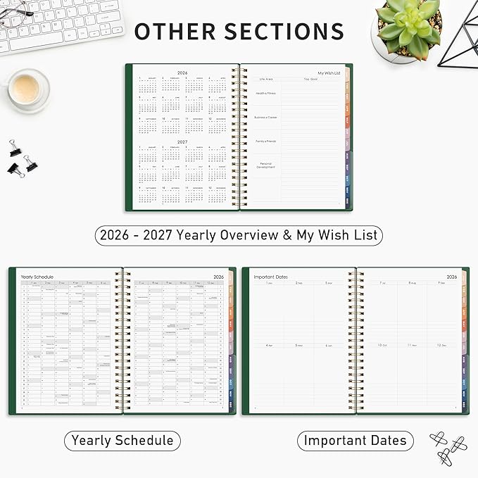 RETTACY 2026 Planner, Weekly and Monthly, Large Size (8.5" x 11"), Jan - Dec 2026, Agenda, Calendar, 12 Month Tabs, Flexible Plastic Cover, 100 GSM Thick Paper, Spiral-bound (Dark Green)