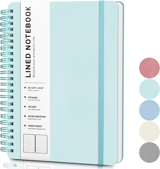 Lined Spiral Journal Notebook, A5 Hardcover Leather Notebook for Work, 5.7''×8.2'', 100GSM Thick Paper Spiral Bound Journaling Notebook for Women Men Office School Note Taking Business, Morandi Green