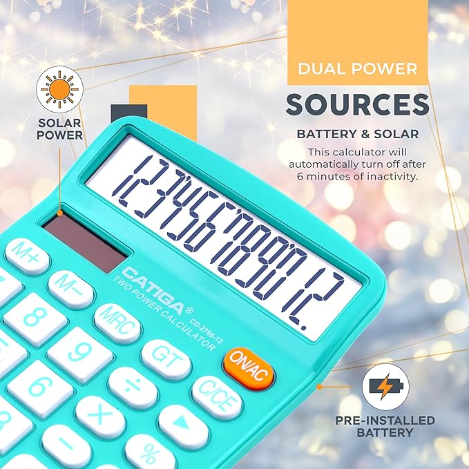CATIGA Desktop Calculator 12 Digit with Large LCD Display and Sensitive Button, Solar and Battery Dual Power, Standard Function for Office, Home, School, CD-2786