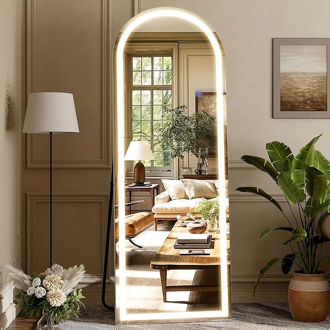 Arched Full Length Mirror with LED Lights, 63"x20" Body Floor Mirror with Dimming & 3 Color Lighting, LED Mirrors for Home Decor, Tall Arch Aluminum Frame Mirrors for Bedroom Cloakroom