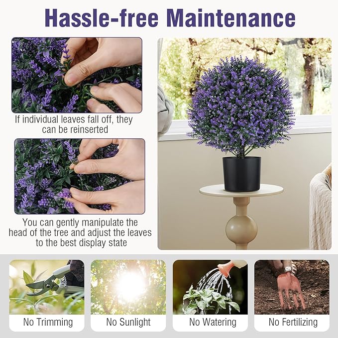 Goplus 21.5’’ Artificial Lavender Topiary Ball Tree, Set of 2 Faux Potted Plants Artificial Shrubs Bushes with Flowers, Fake Evergreen Artificial Topiary for Indoor Outdoor Home Front Porch Decor