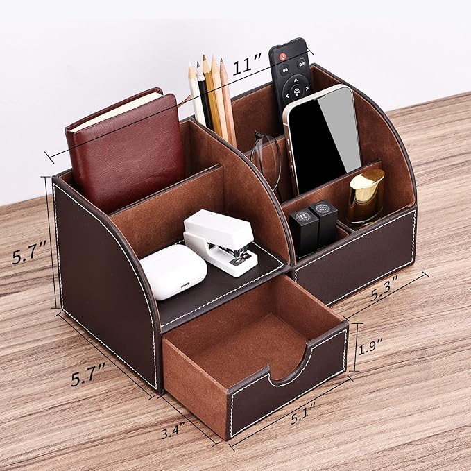 KINGFOM Pu Leather Desk Organizer Pen Pencil Holder Office Supplies Caddy Storage Box 6 Compartments with Drawer Brown