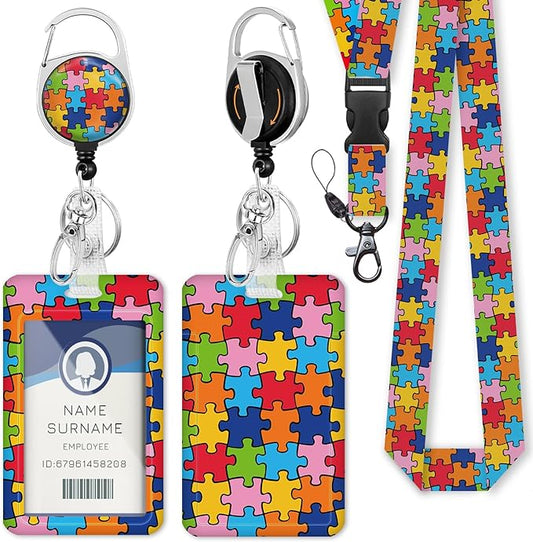 Autism Awareness ID Badge Holder with Breakaway Lanyard, Fashionable Lanyards for ID Badges Women, Cute Puzzle Badge Reel Retractable, ID Card Holder Keychain Name Badge Clip, Nurse Teacher Gifts