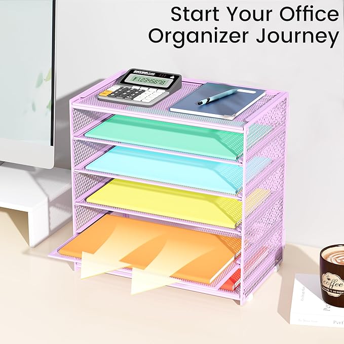 2 Pack 6 Tier Paper Organizer, Metal Mesh Desk File Folder, Letter Tray Organizer, Paper Sorter Desk Organizers for Office, Home or School File Folder Holder - Purple