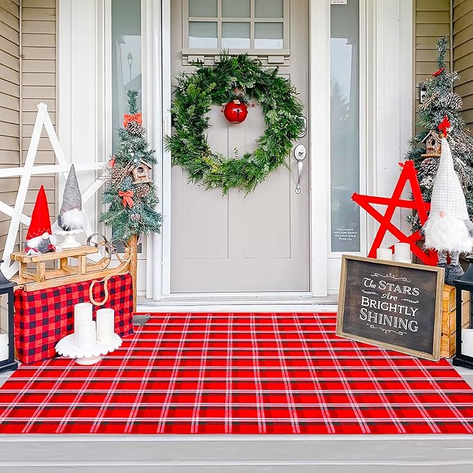 Ckorzen Red Green and White Plaid Rug, 4' x 6' Christmas Front Porch Outdoor Rug, Handwoven Cotton Washable Rug for Layered Door Mats, Holiday Entryway and Home Décor