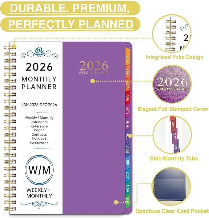 2026 WeeklyMonthlyand Yearly Planning Calendar with 8 Stickers, 6" x 8.25" Planner, Softcover, Spiral Bound, Laminated Labels, Laurel Series (Purple)