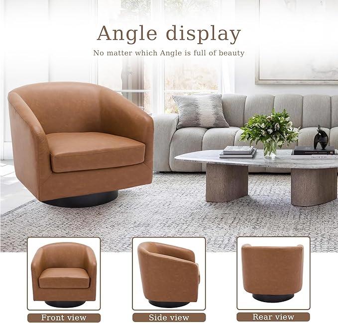 UIXE Faux Leather Swivel Accent Chairs Set of 2, Modern Upholstered Barrel Chairs for Living Room, Comfy Round Armchair Single Sofa Bedroom Reading Seat - 31" W, Brown