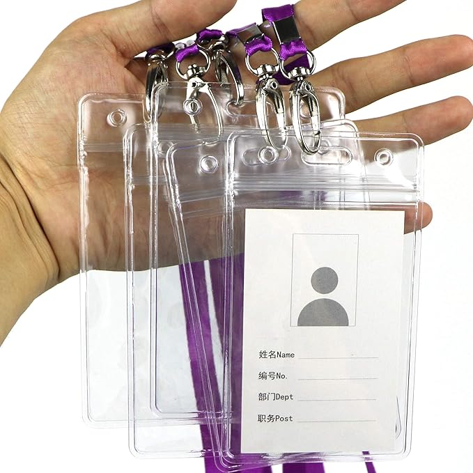 Lanyard with ID Holder 50 Pcs Waterproof Name Tag Badge ID Card Holders ID Pass Holder and 50 Pcs Flat Neck Lanyards Swivel Hook (Purple, Vertical)