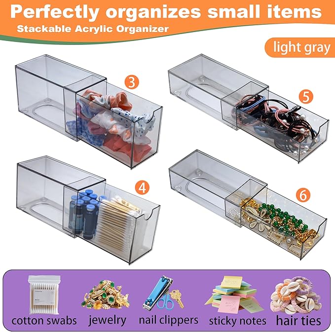 10 Pack Acrylic Makeup Organizer Clear Stackable Desk Organizers Dustproof Drawer for Make Up,Jewelry,Pen, Stationary