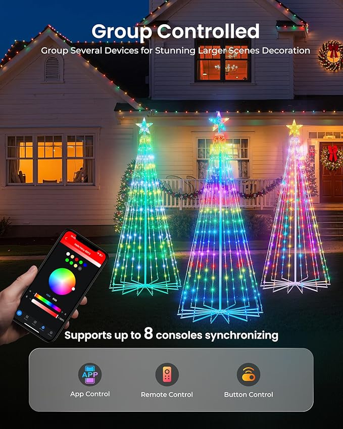 Brightown Smart Christmas Cone Tree LED Lights, 7.5ft 295 Music Sync with Remote APP and Local Control, Pattern Text Displayable, 16 Million Colors Light Show for Indoor Outdoor Decorations