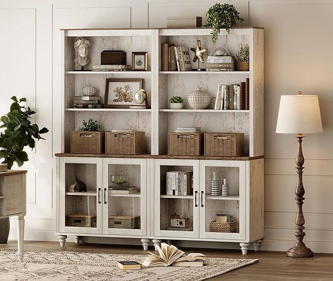 WAMPAT 5 Tier Bookshelf, Bookcase with Glass Doors,Large Farmhouse Display Book Shelf with Adjustable Shelves and Storage Cabinet，Library Wood Bookshelves for Living Room,Kitchen, Rustic White (2PCS)