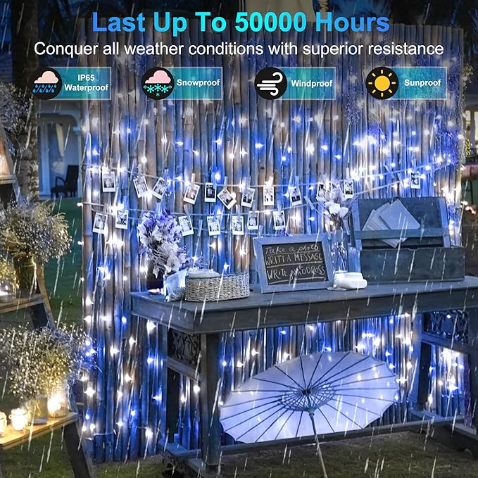 2 Pack Total 200FT 600 LED String Lights, Fairy Tree Lights Indoor Outdoor Connectable, 8 Modes & Timer Christmas Lights for Bedroom, Home, Tree, Yard, Door, Wedding, Xmas Decore (Cool White & Blue)