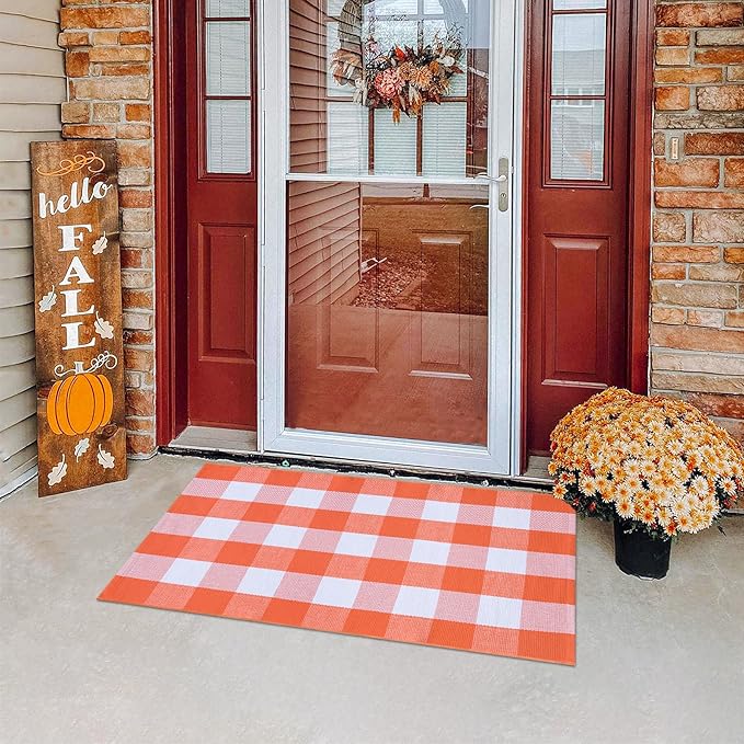 Ckorzen Fall Plaid Rug 28" x 43", Orange and White Buffalo Check Front Porch Outdoor Layered Doormat, Cotton Hand-Woven Washable Rug for Halloween Thanksgiving Autumn Decor