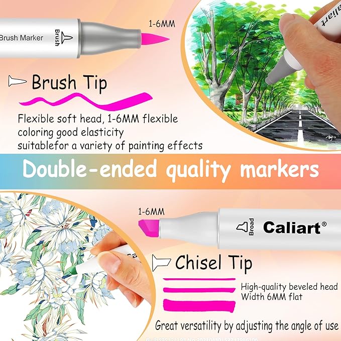 Caliart Markers Brush & Chisel, 18 Colors Alcohol Markers for Adult Coloring Book, Dual Tip Art Pen Set for Artist Illustration Sketch Drawing Gift