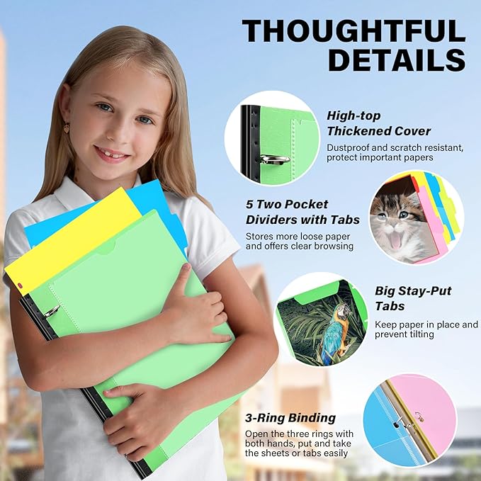 WOT I Telescoping Project Organizer, Refillable Binder with Dividers and Pockets, 13 Pocket Folders, 1 Inch 3 Ring Binder, Green