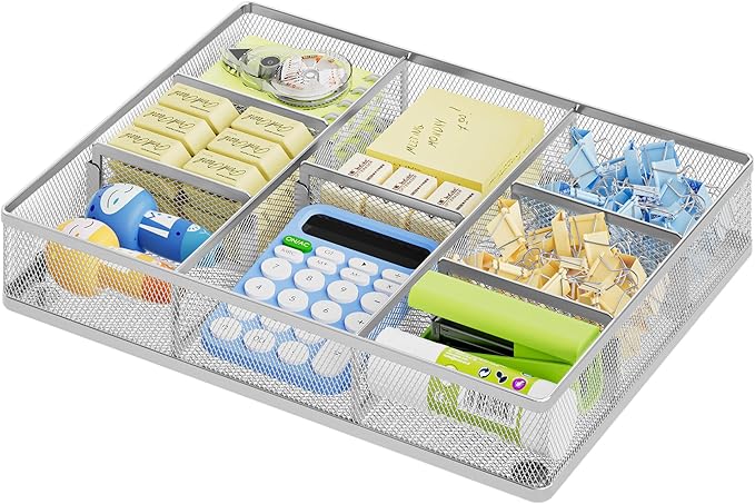 Marbrasse Desk Drawer Organizer, Metal Mesh Drawer Organizer Tray with 5 Adjustable Compartments,Desk Organizers and Accessories for Home,Office,Kitchen,Makeup,Vanity (Silver)