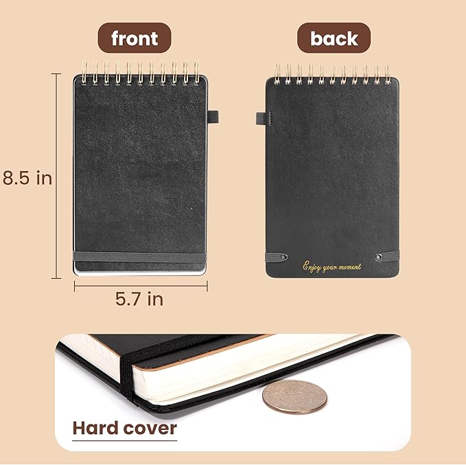 Yoment Top Spiral Notebook Leather Steno Pads 240 Pages Spiral Notepad for Work 5x7 Top Bound Steno Notebook, 100 GSM Thick Paper, Left Handed Notebooks for Office College School, Black