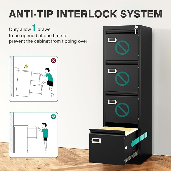 SISESOL 4 Drawer File Cabinet with Lock and Tag,Black Vertical File Cabinet,Narrow Locking Filing Cabinets with Drawers,Metal Filing Storage for Home Office Fit A4 Legal/Letter Size
