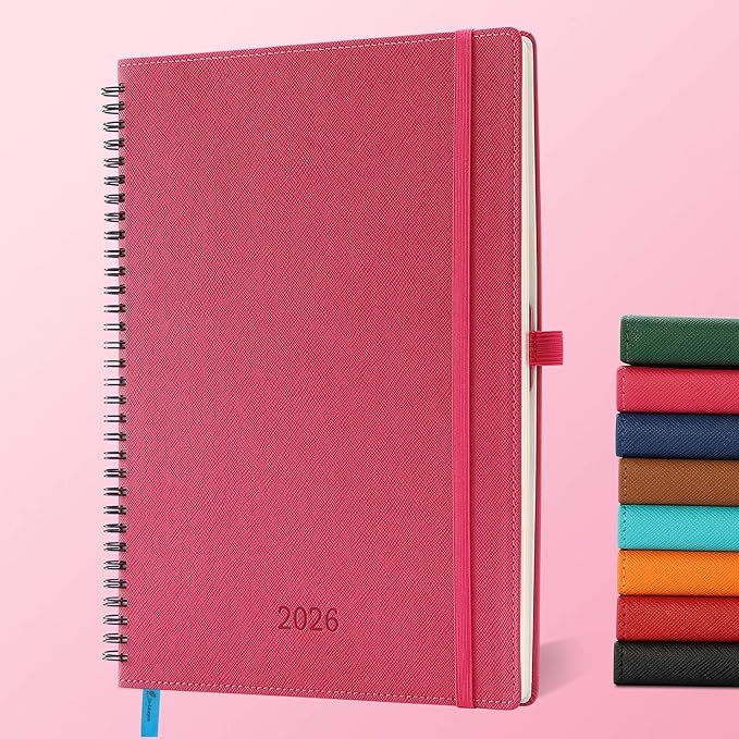 IN-LUXPRO Planner 2026 Daily Weekly and Monthly,11.5"x8.5",12 Months Spiral Bound Calendar Agenda with Self-adhesive Pen Holder,2026 Appointment Book with Vegan Leather Soft Cover,Rose Red