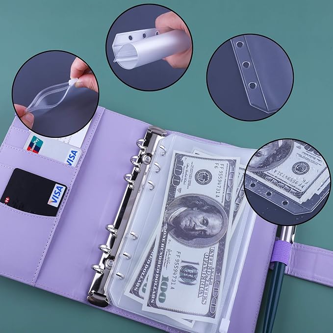 Antner A6 Budget Binder with Zipper Cash Envelopes for Money Organizer & Budgeting, PU Leather Budget Planner Money Saving Binder with Cash Stuffing Envelopes & Labels for Home Office Travel, Purple