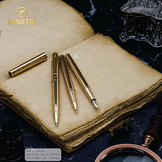 Customized Gold Luxury fountain pen (Made In USA) fancy gift set for women, Real 24K Gold Plating, Professional executive pen gift set for men (Lux Custom-fountain Gld)