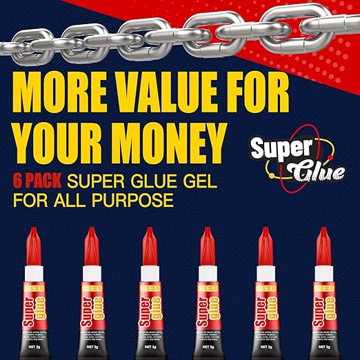 3 Gram (Pack of 6) Single use Super Glue Gel, Super Fast, Thick & Strong Adhesive Superglue, Cyanoacrylate Glue for Hard Plastics, DIY Craft, Ceramics, Frame, Leather, Metal Etc