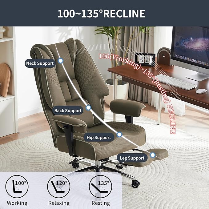 Big and Tall Office Chair 400lbs Wide Seat, Leather High Back Executive Office Chair with Foot Rest, Ergonomic Chairs Lumbar Support for Lower Back Pain Relief (Mesh Light Green)