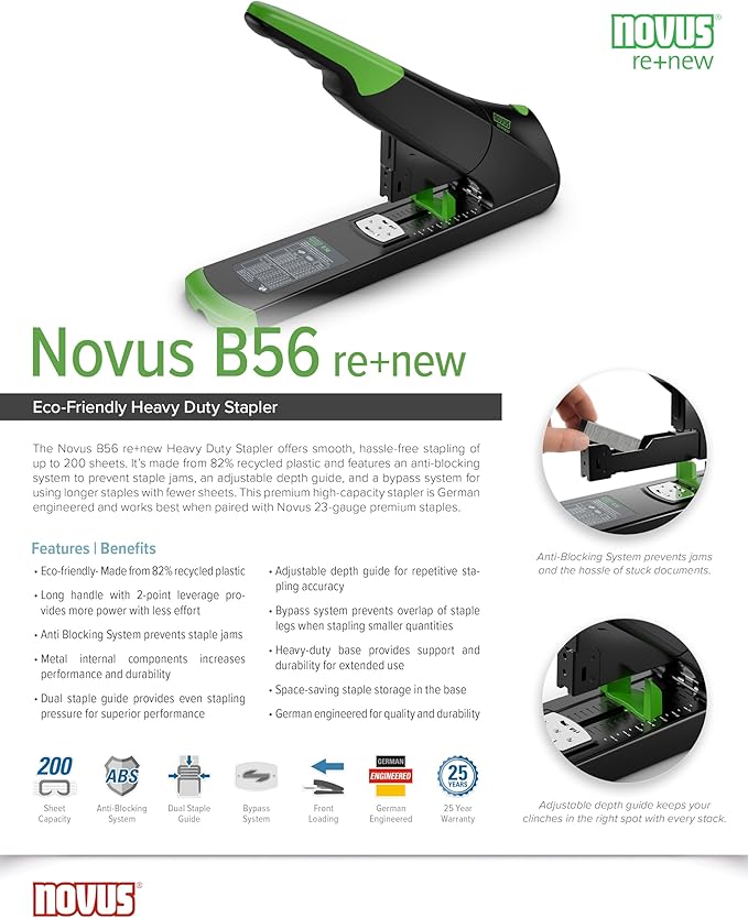 Novus B56 re+New Heavy Duty Stapler, 200 Sheet Capacity, Made of 82% Recycled Plastic, German Engineered, Adjustable Guide, 25 Yr. Warranty, Black (023-0066)