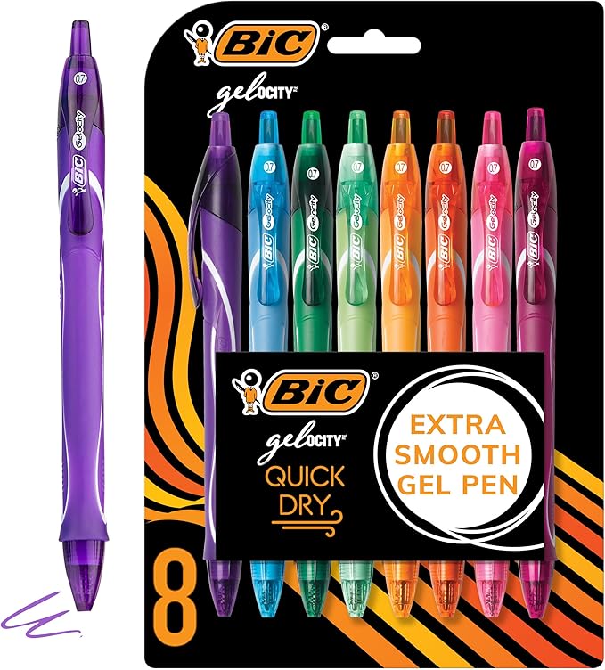 BIC Gelocity Quick Dry Assorted Colors Gel Pens, Medium Point (0.7mm), 8-Count Pack, Retractable Gel Pens With Comfortable Full Grip