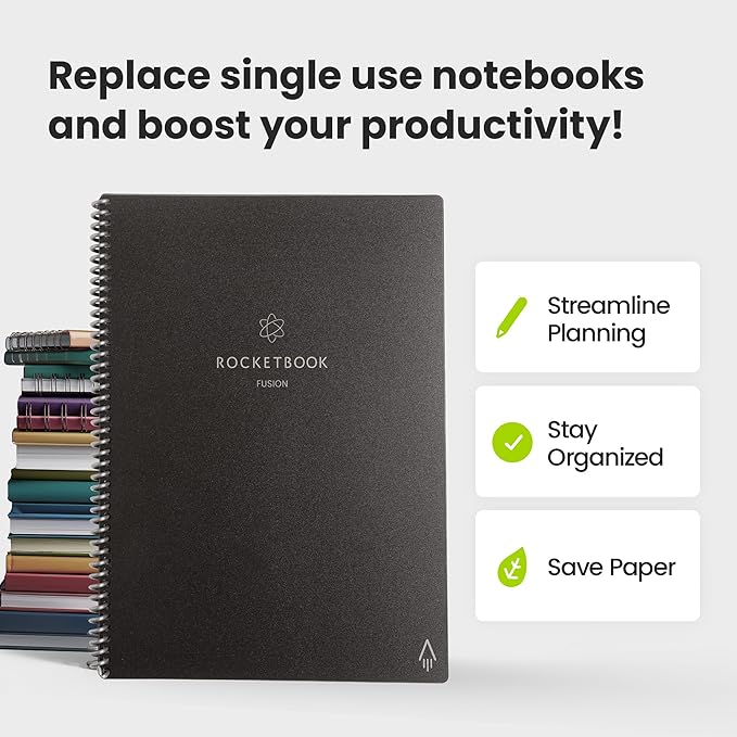 Rocketbook Fusion Hybrid Reusable Planner and Notebook in One, Additional Blank Pages, Goal and Project Tracker, Undated Planner, Letter Size 8.5x11, Blue (Pack of 1)