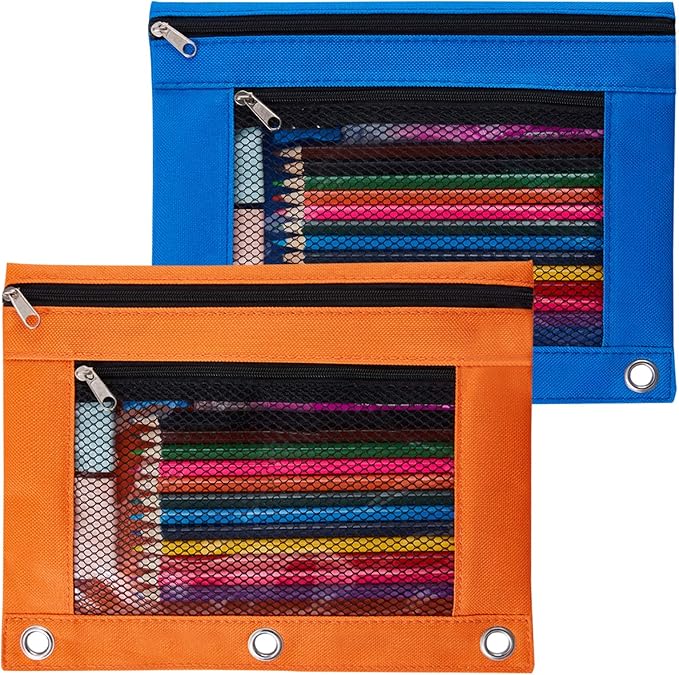 Sooez Pencil Pouch for 3 Ring Binder, 2 Pack Fabric Binder Pouch with 2 Pockets, Pencil Bags with Zipper and Reinforced Grommets, Pencil Cases for Binder