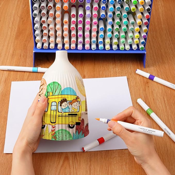 ROSYMENG Acrylic Paint Markers, 154 Colors + 8 Metal Colors - Large Ink Capacity, High Coverage with Brush Tip Acrylic Paint Pens, Suitable for Wood, Glass, Rock, and Fabric - Student School Supplies