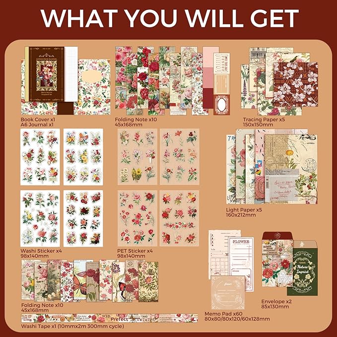 Funto Scrapbooking Kit(154 PCS), Vintage Collection-Letter from Flowers, Perfect for Bullet Scrapbooking Materials, Planner DIY Arts Craft Collage