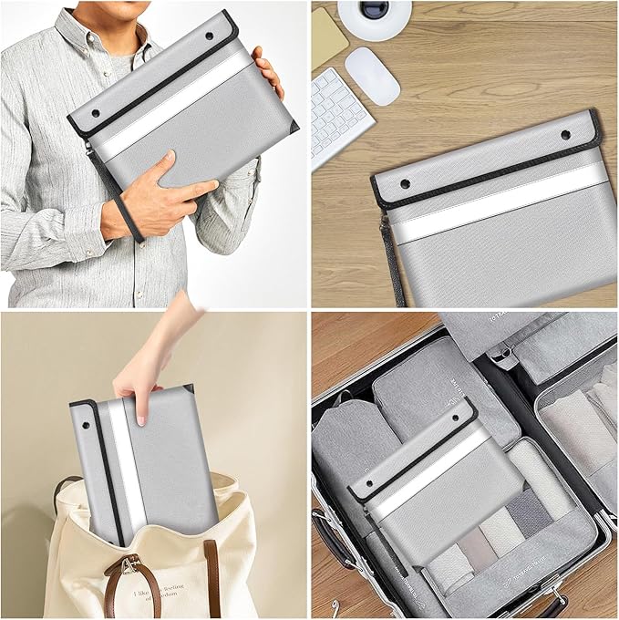 Fire Proof Bag For Documents,5200°F Heat Insulated Fire Proof Pouch with Soft Leather Hand Strap,13.9x10.6 Inch Fireproof Money Bag for Cash/Documents/Valuables(Silvery)