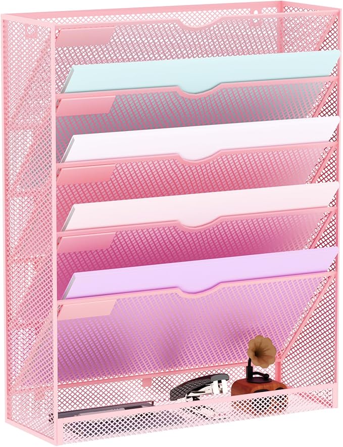 Hanging Wall File Organizer 6 Tier Wall Mounted Mail Paper Folder Holder Document Organization Stand, Vertical Desk Magazine Rack for Office Home Cubicle Countertop, Pink