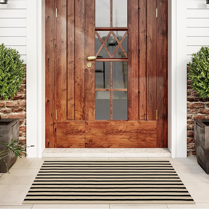 KIMODE Front Door Mats 24"x51", Machine Washable Farmhouse Front Porch Rug Decor, Striped Layered Door Mats Outdoor, Cotton Hand Woven Entryway Rug for Entry, Doorway, Kitchen Black and Khaki