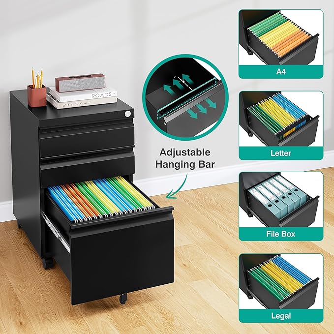 SISESOL 3 Drawer Mobile File Cabinet with Lock,Black Under Desk File Cabinets with Wheels,Rolling Metal Filing Cabinet for Home Office,Fit Legal/Letter/a4 File,Fully Assembled Except Caster