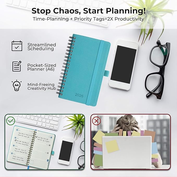 Planner 2026 Daily Weekly and Monthly,6.5"x3.75",12 Months Spiral Bound Calendar Agenda with Self-adhesive Pen Holder,2026 Appointment Book with Vegan Leather Soft Cover,Light Blue