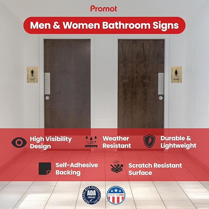 Promot Men and Women Restroom Sign – ADA Braille Bathroom Sign for Business, Self-Adhesive, 9" x 6", Commercial Door Signage, Office Wall Decor - Almond
