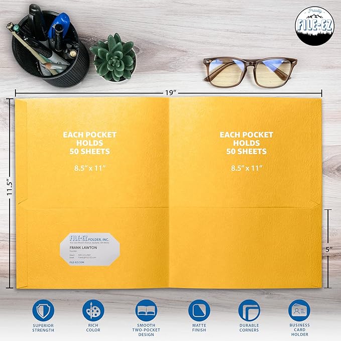 FILE-EZ Two-Pocket Folders, Yellow, 25-Pack, Textured Paper, Letter Size (EZ-32570)