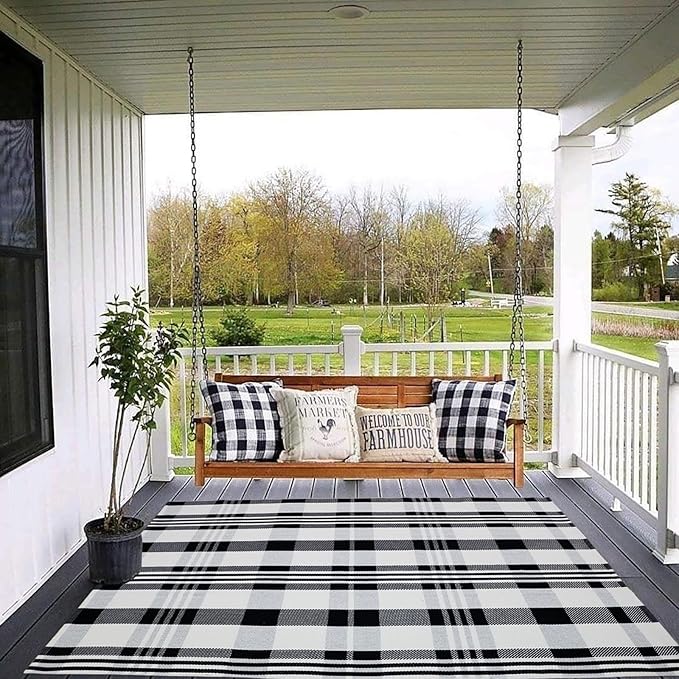 Fall Décor Plaid Rug, 4' x 6' Black&White Check Indoor/Outdoor Area Rug, Layering Rug for Hello/Welcome Door Mat, Machine Washable Cotton Woven Rugs for Farmhouse Front Porch, Entryway