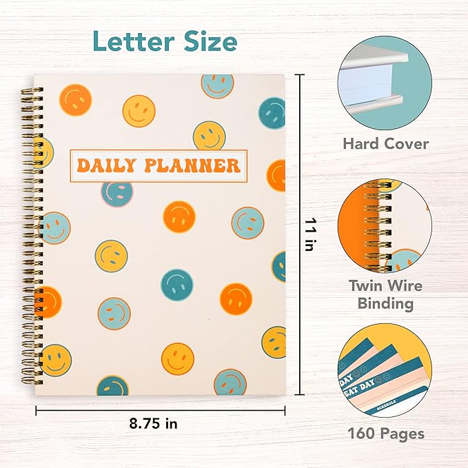 Undated Daily Planner Notebook 8.5x11, To Do List Notebook, Habit Tracker Journal, A4 Large Hardcover Spiral Schedule Notebook Planner, Retro Aesthetic Daily Planner Undated for Students Girls Teens