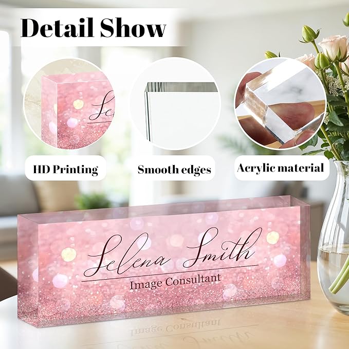 Ship Next Day Personalized Name Plate for Desk, Custom Acrylic Desk Name Sign, Office Appreciation Gifts for Women Men Coworkers Boss Teacher Employee (Pink Sequin)