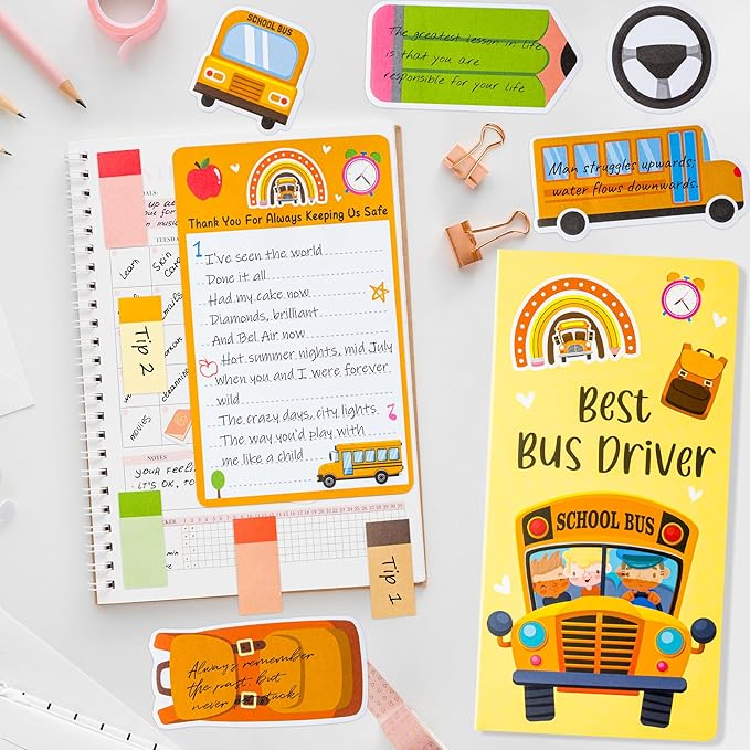Xqumoi Best Bus Driver Sticky Notes Set - School Bus Pencil Shaped Self-Stick Note Pads Teacher Appreciation Thank You Gift Writing Memo Pad Page Marker Back to School Office Party Favors Supplies