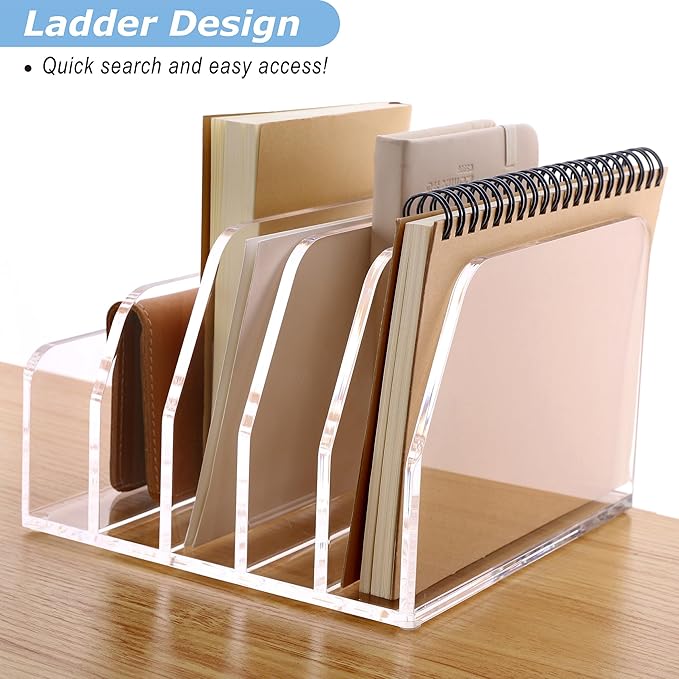 SANRUI Acrylic Desk File Organizer Holder for Desk, Clear Laddered 5 Upright Compartments Mail Sorters, Multifunction Desktop Envelope Folder Racks Document Holders for Office, Home, School