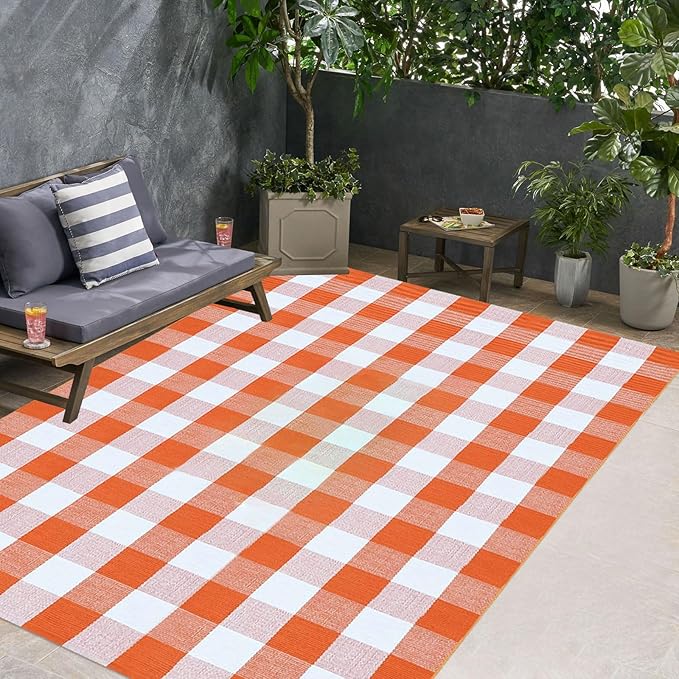 Buffalo Plaid Outdoor Rugs, 4' x 6' Orange and White Checkered Indoor/Outdoor Area Rug, Layering Rug for Hello/Welcome Door Mat, Washable Cotton Woven Farmhouse Mat for Fall Front Porch Décor