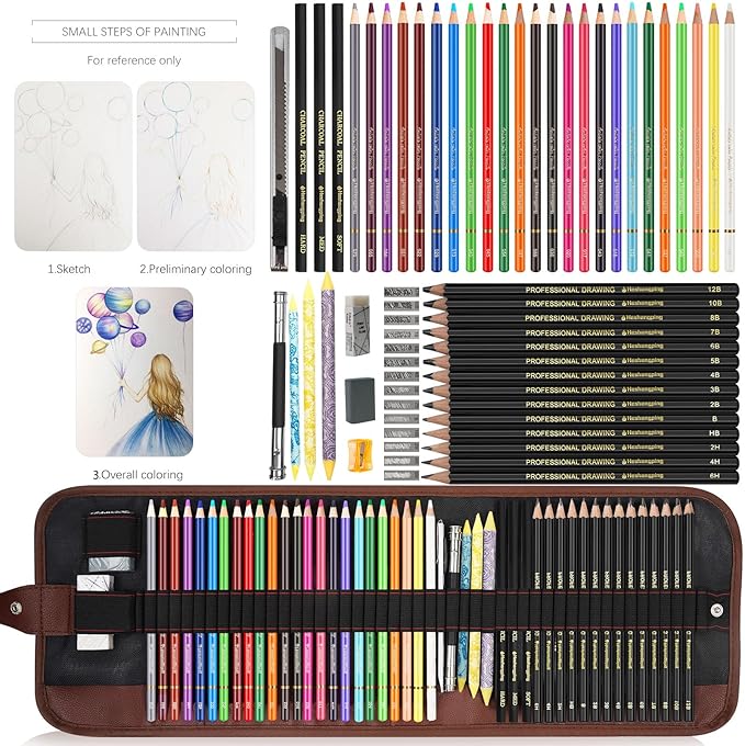 Sketching Drawing Art Pencil Kit-50 Piece Set with 24 Color Pencils for Adult Kid Coloring Books, 14 Graphite 3 Charcoal Erasers Etc., Artist Supplies Ideal for Adult, Kid,Student, Beginner